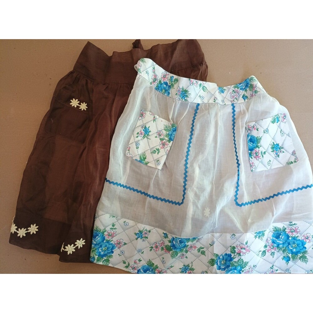 Vtg Half Apron Blue Brown Floral Pockets Cottage Core Granny Handmade Lot Of 2